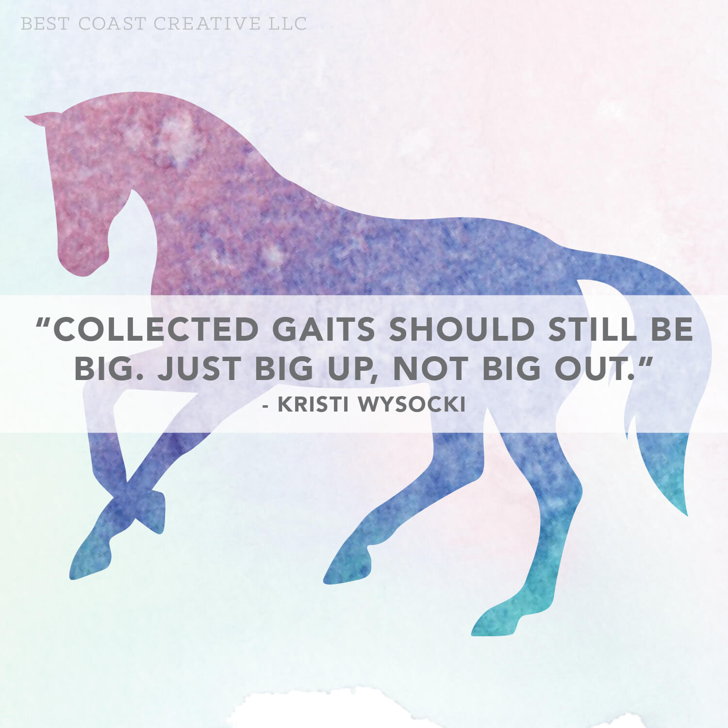 Horse Illustration with Kristi Wysocki clinic quote “Collected gaits should still be big. Just big up, not big out.”